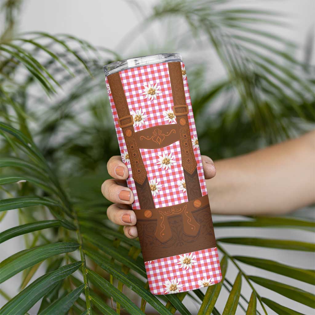Traditional German Costume - Lederhosen Skinny Tumbler Red Plaid Pattern with Edelweiss Flowers - Wonder Print Shop