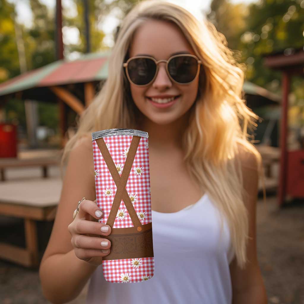 Traditional German Costume - Lederhosen Skinny Tumbler Red Plaid Pattern with Edelweiss Flowers - Wonder Print Shop