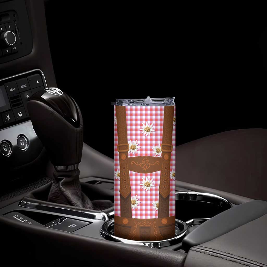 Traditional German Costume - Lederhosen Skinny Tumbler Red Plaid Pattern with Edelweiss Flowers - Wonder Print Shop