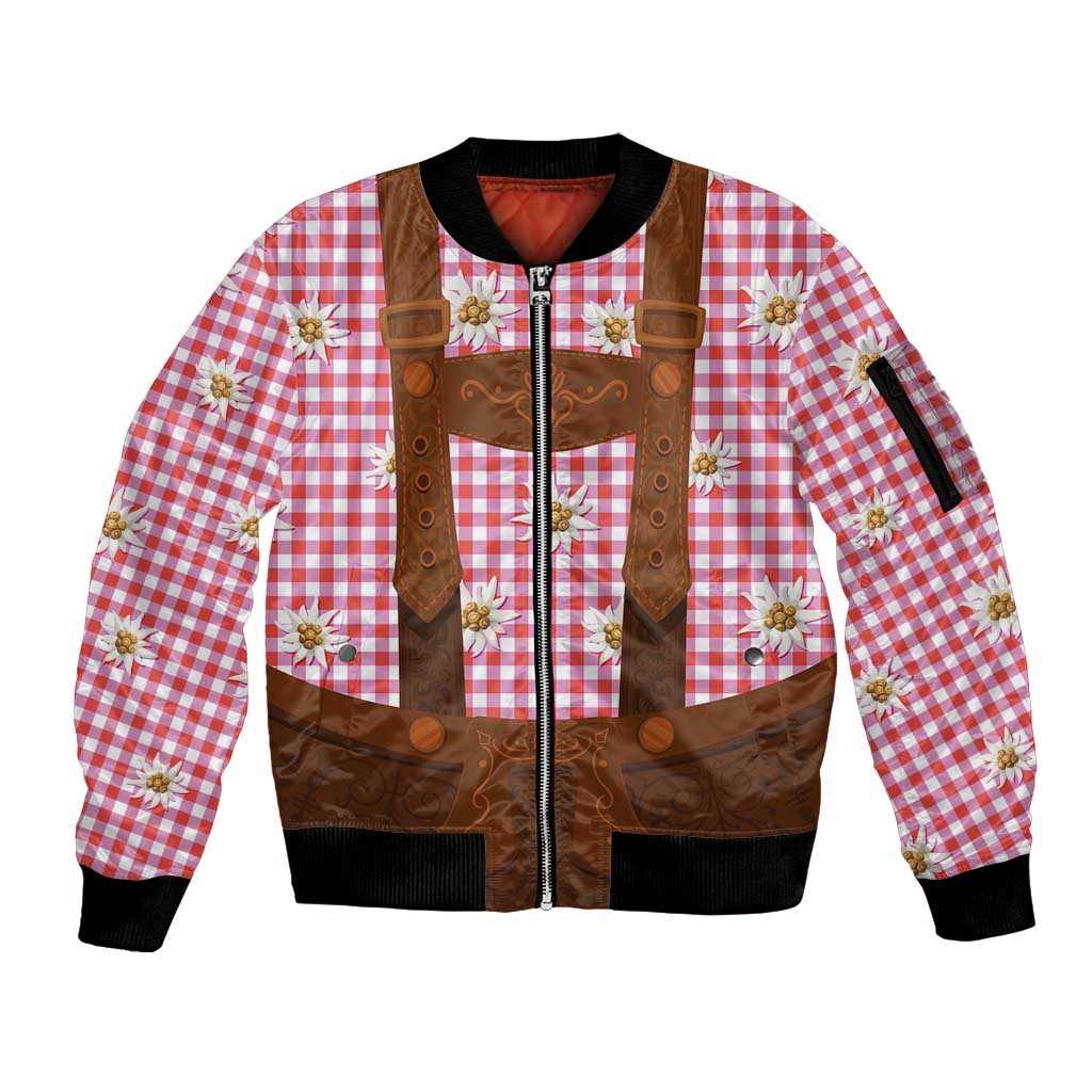 Traditional German Costume - Lederhosen Sleeve Zip Bomber Jacket Red Plaid Pattern with Edelweiss Flowers - Wonder Print Shop