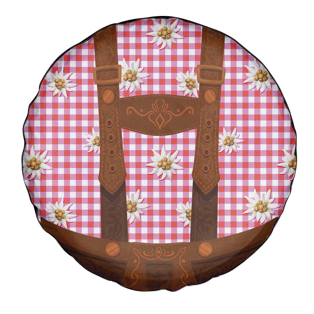 Traditional German Costume - Lederhosen Spare Tire Cover Red Plaid Pattern with Edelweiss Flowers - Wonder Print Shop