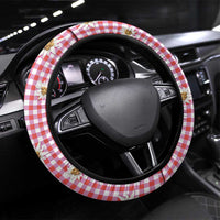 Traditional German Costume - Lederhosen Steering Wheel Cover Red Plaid Pattern with Edelweiss Flowers - Wonder Print Shop