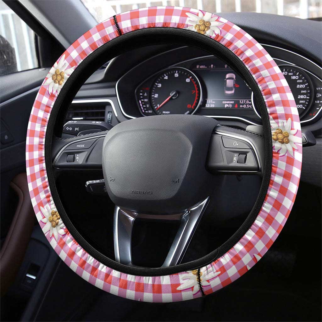 Traditional German Costume - Lederhosen Steering Wheel Cover Red Plaid Pattern with Edelweiss Flowers - Wonder Print Shop