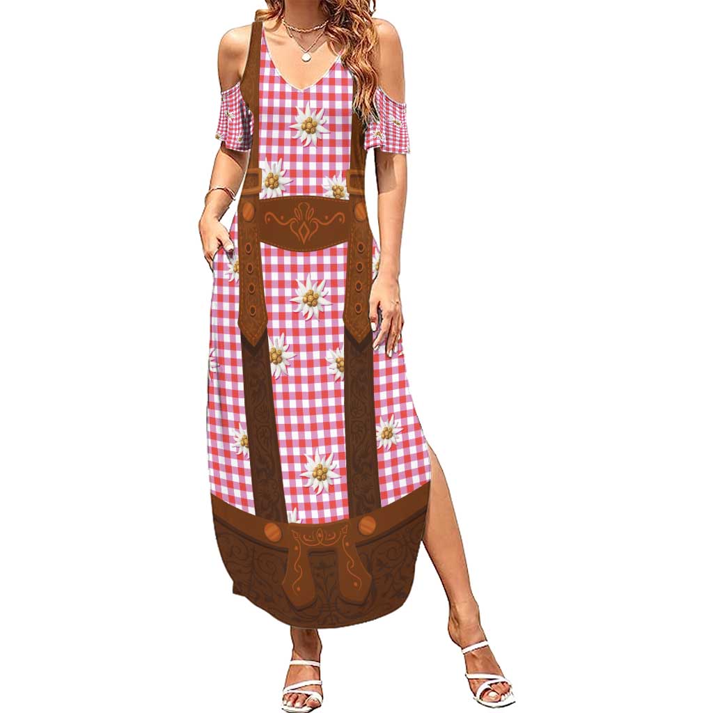 Traditional German Costume - Lederhosen Summer Maxi Dress Red Plaid Pattern with Edelweiss Flowers - Wonder Print Shop