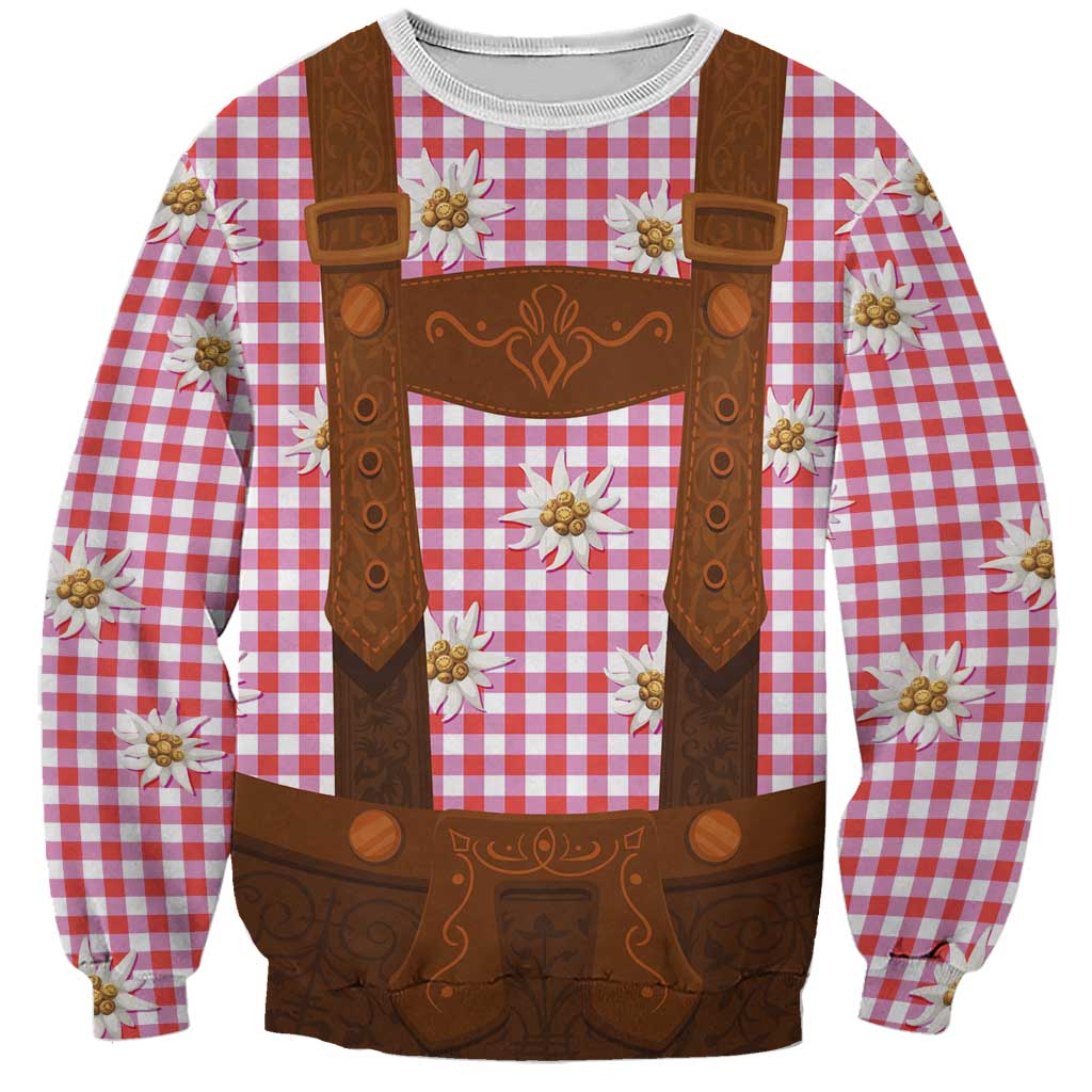 Traditional German Costume - Lederhosen Sweatshirt Red Plaid Pattern with Edelweiss Flowers - Wonder Print Shop