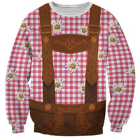 Traditional German Costume - Lederhosen Sweatshirt Red Plaid Pattern with Edelweiss Flowers - Wonder Print Shop