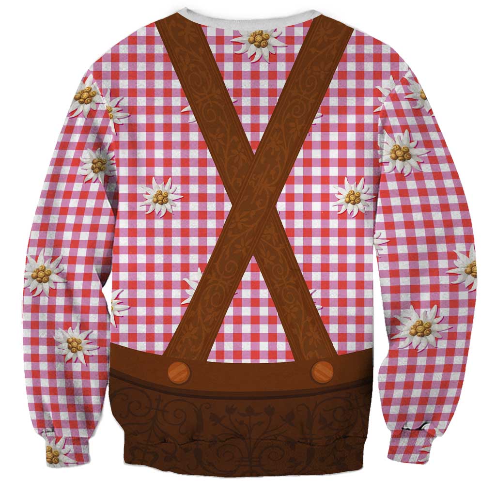 Traditional German Costume - Lederhosen Sweatshirt Red Plaid Pattern with Edelweiss Flowers - Wonder Print Shop