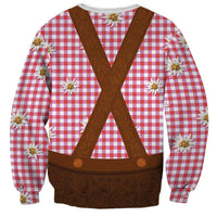 Traditional German Costume - Lederhosen Sweatshirt Red Plaid Pattern with Edelweiss Flowers - Wonder Print Shop