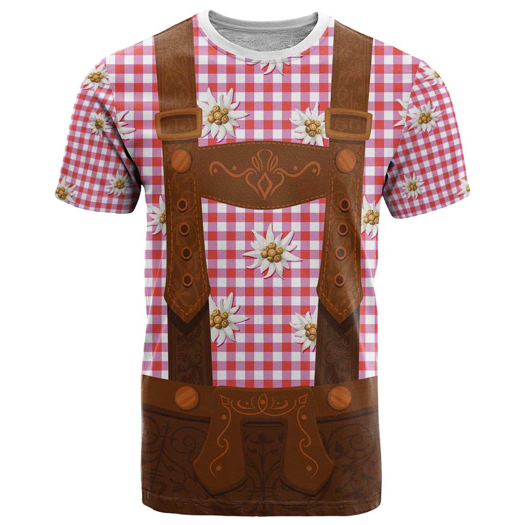 Traditional German Costume - Lederhosen T Shirt Red Plaid Pattern with Edelweiss Flowers - Wonder Print Shop