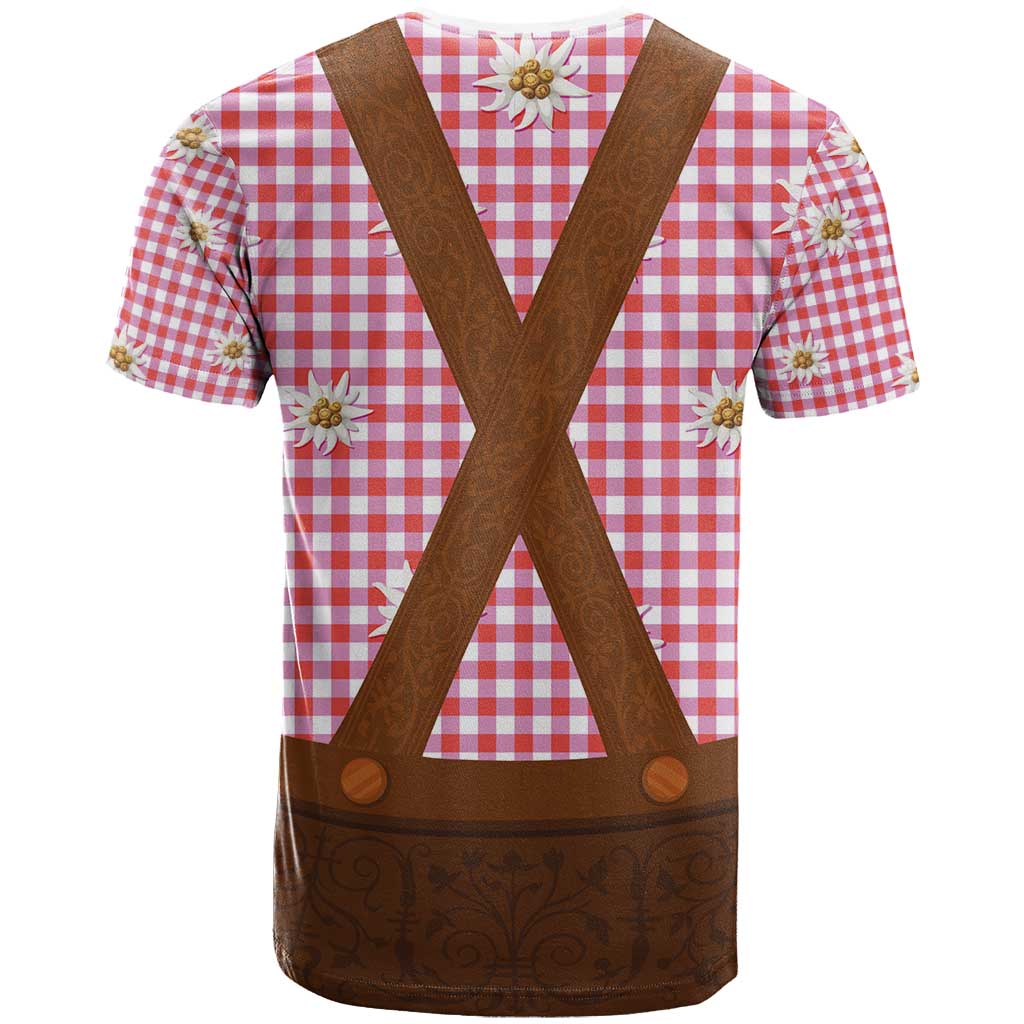 Traditional German Costume - Lederhosen T Shirt Red Plaid Pattern with Edelweiss Flowers - Wonder Print Shop
