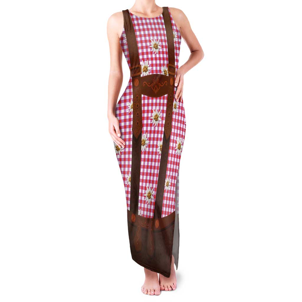 Traditional German Costume - Lederhosen Tank Maxi Dress Red Plaid Pattern with Edelweiss Flowers - Wonder Print Shop