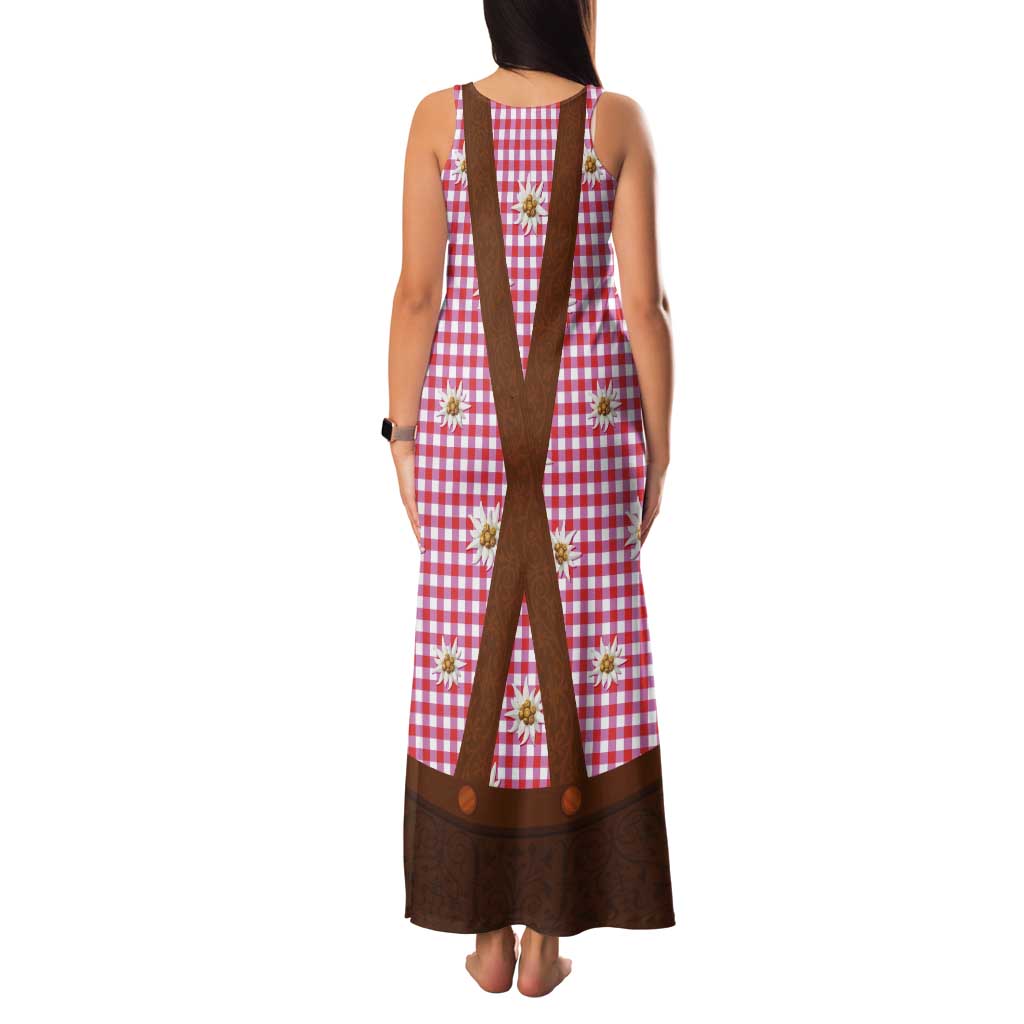 Traditional German Costume - Lederhosen Tank Maxi Dress Red Plaid Pattern with Edelweiss Flowers - Wonder Print Shop