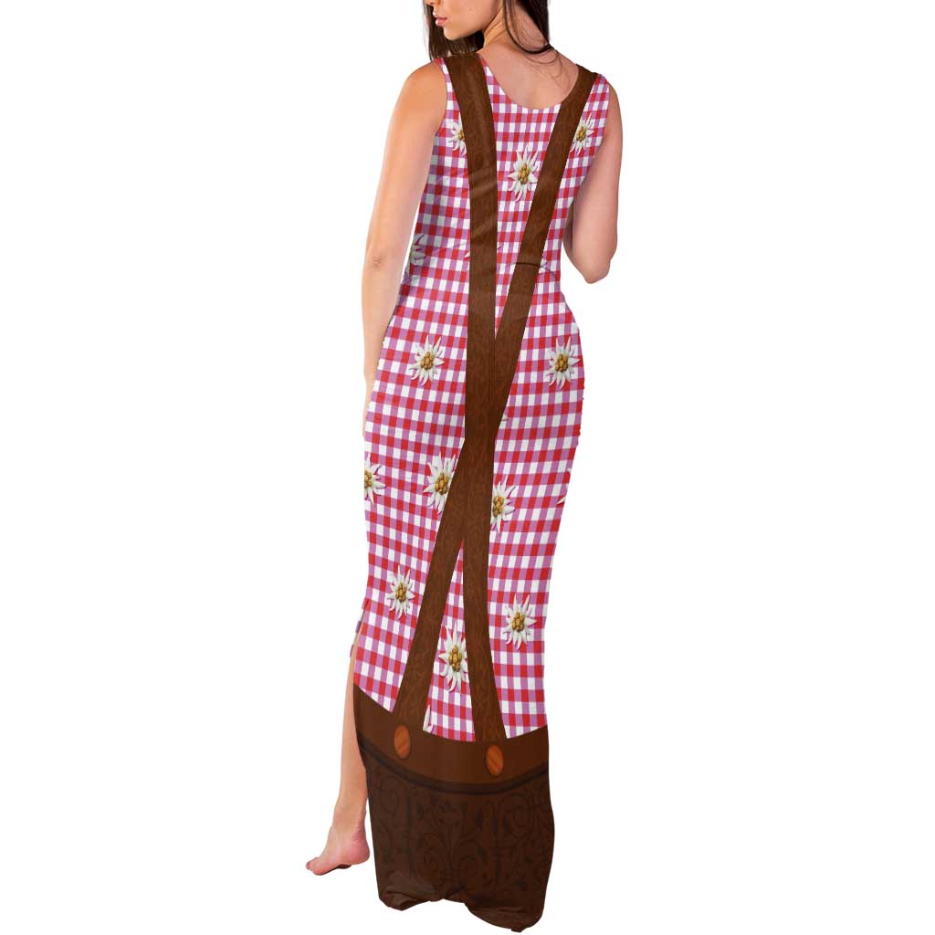 Traditional German Costume - Lederhosen Tank Maxi Dress Red Plaid Pattern with Edelweiss Flowers - Wonder Print Shop