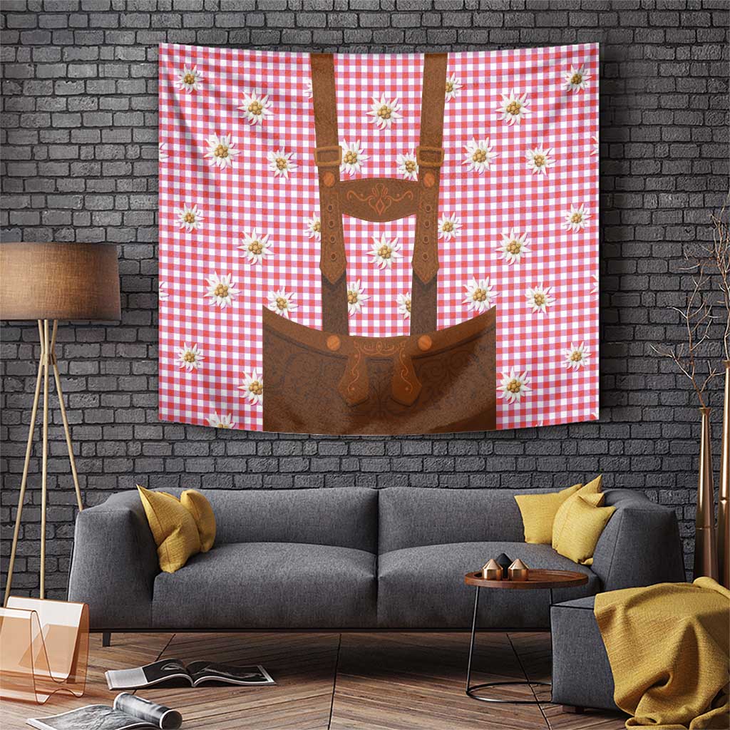 Traditional German Costume - Lederhosen Tapestry Red Plaid Pattern with Edelweiss Flowers - Wonder Print Shop