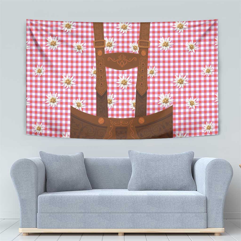 Traditional German Costume - Lederhosen Tapestry Red Plaid Pattern with Edelweiss Flowers - Wonder Print Shop