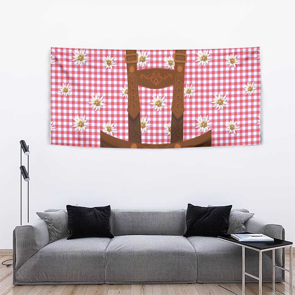 Traditional German Costume - Lederhosen Tapestry Red Plaid Pattern with Edelweiss Flowers - Wonder Print Shop