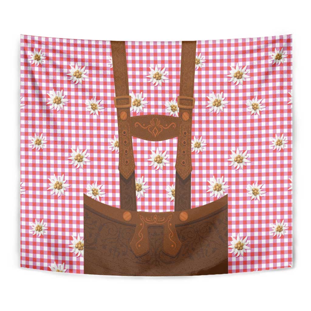 Traditional German Costume - Lederhosen Tapestry Red Plaid Pattern with Edelweiss Flowers - Wonder Print Shop