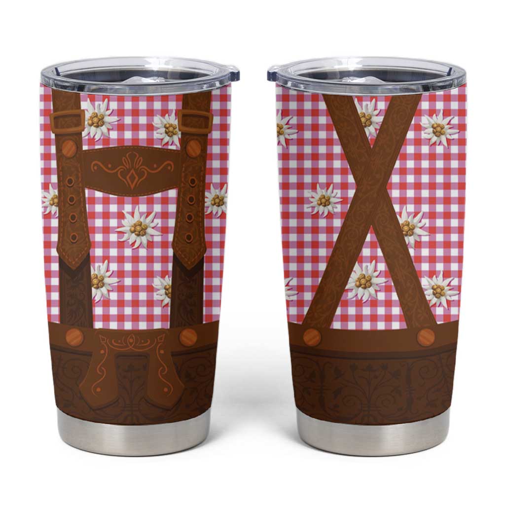 Traditional German Costume - Lederhosen Tumbler Cup Red Plaid Pattern with Edelweiss Flowers - Wonder Print Shop