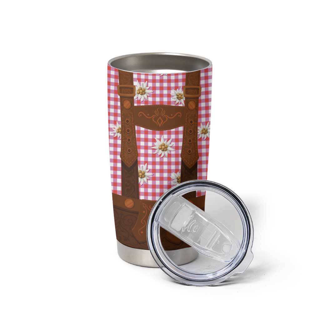 Traditional German Costume - Lederhosen Tumbler Cup Red Plaid Pattern with Edelweiss Flowers - Wonder Print Shop