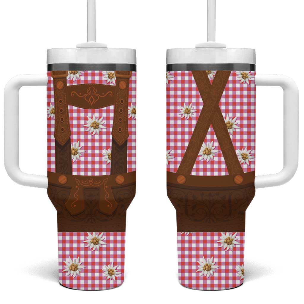 Traditional German Costume - Lederhosen Tumbler With Handle Red Plaid Pattern with Edelweiss Flowers - Wonder Print Shop