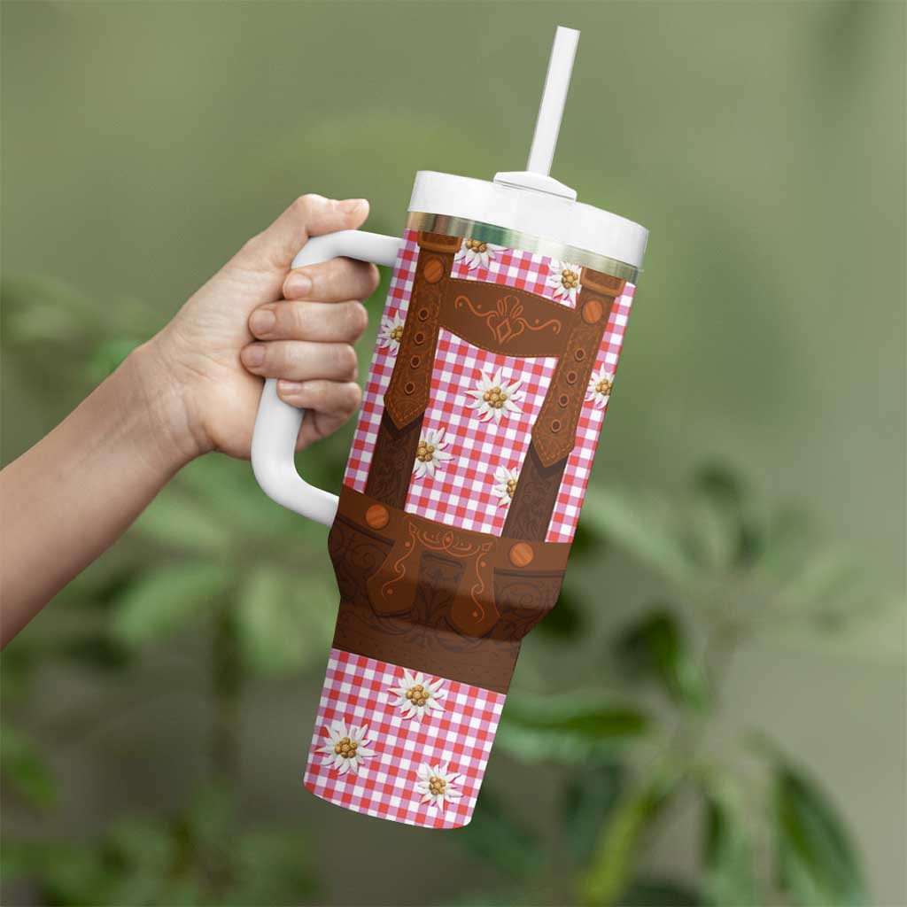 Traditional German Costume - Lederhosen Tumbler With Handle Red Plaid Pattern with Edelweiss Flowers - Wonder Print Shop
