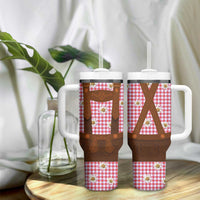 Traditional German Costume - Lederhosen Tumbler With Handle Red Plaid Pattern with Edelweiss Flowers - Wonder Print Shop