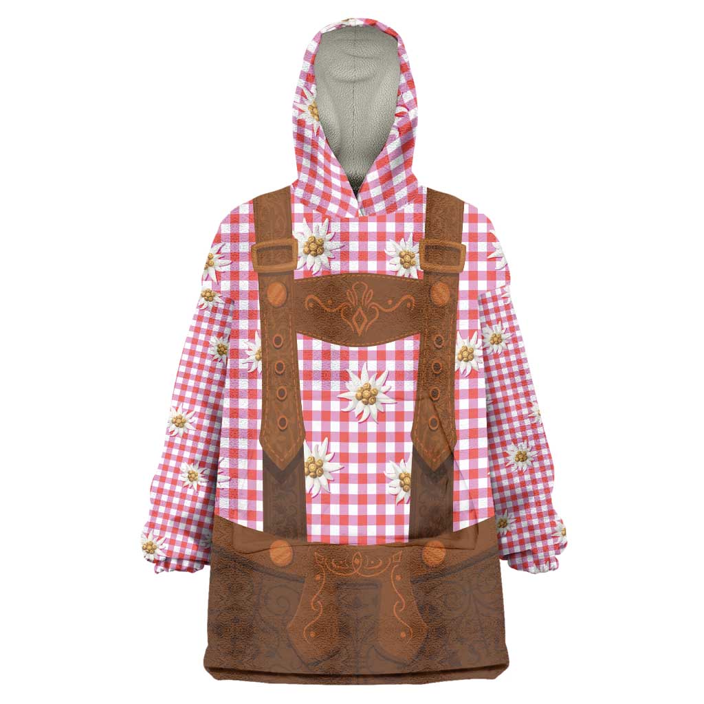 Traditional German Costume - Lederhosen Wearable Blanket Hoodie Red Plaid Pattern with Edelweiss Flowers - Wonder Print Shop