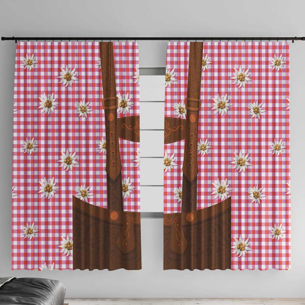 Traditional German Costume - Lederhosen Window Curtain Red Plaid Pattern with Edelweiss Flowers - Wonder Print Shop