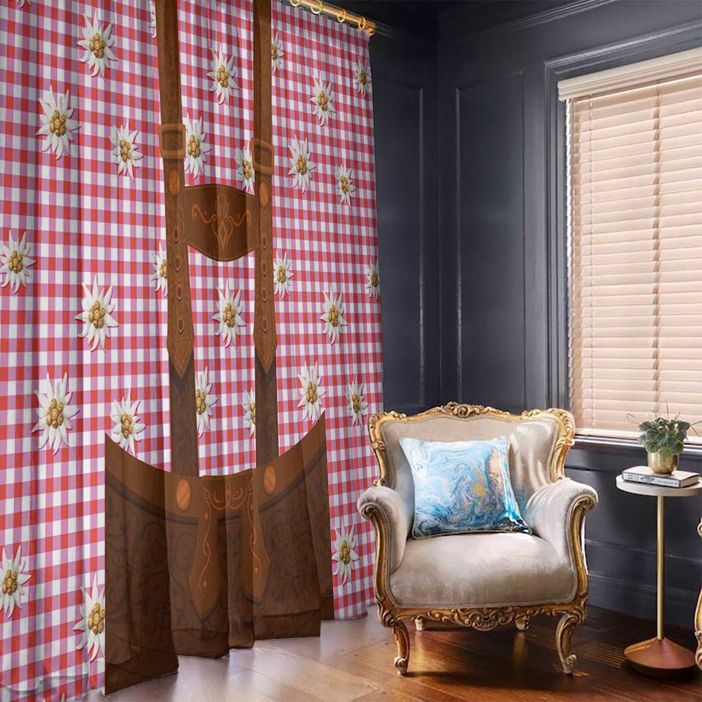 Traditional German Costume - Lederhosen Window Curtain Red Plaid Pattern with Edelweiss Flowers - Wonder Print Shop