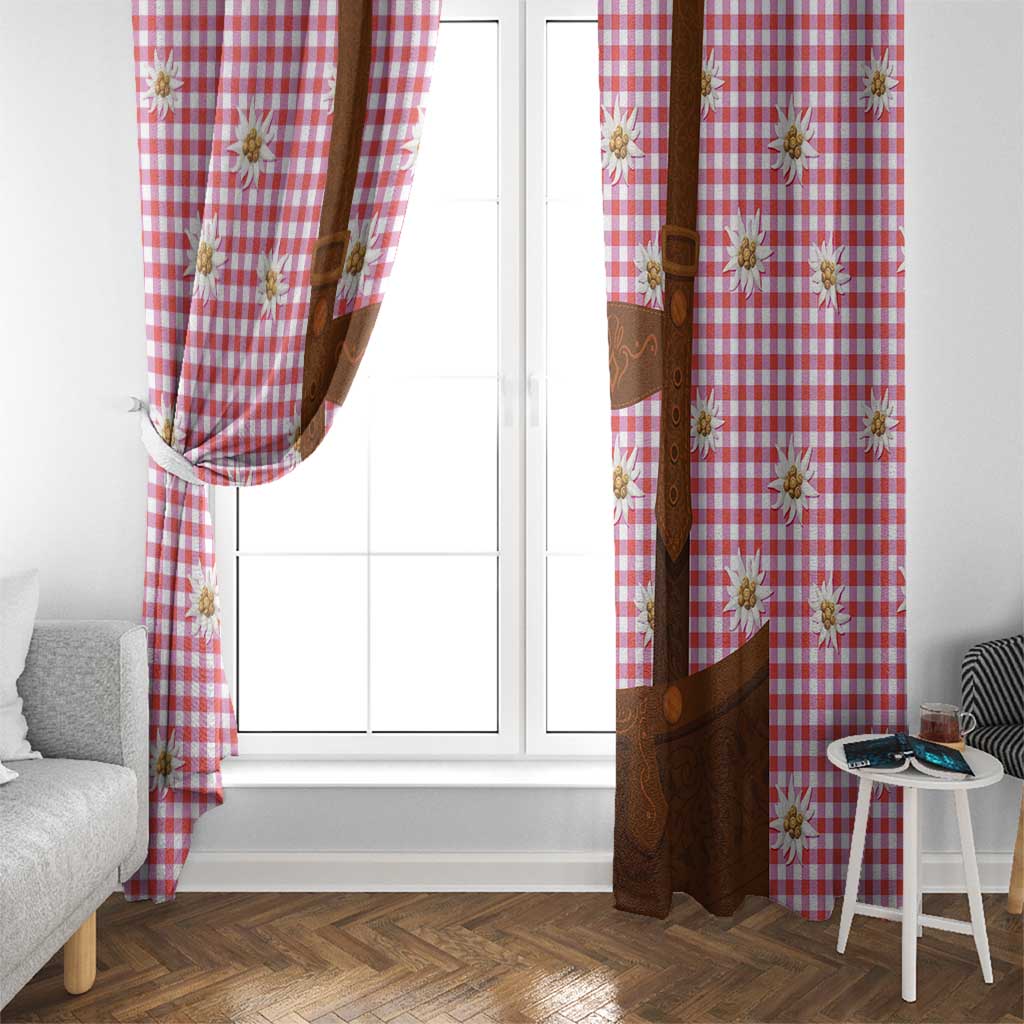 Traditional German Costume - Lederhosen Window Curtain Red Plaid Pattern with Edelweiss Flowers - Wonder Print Shop