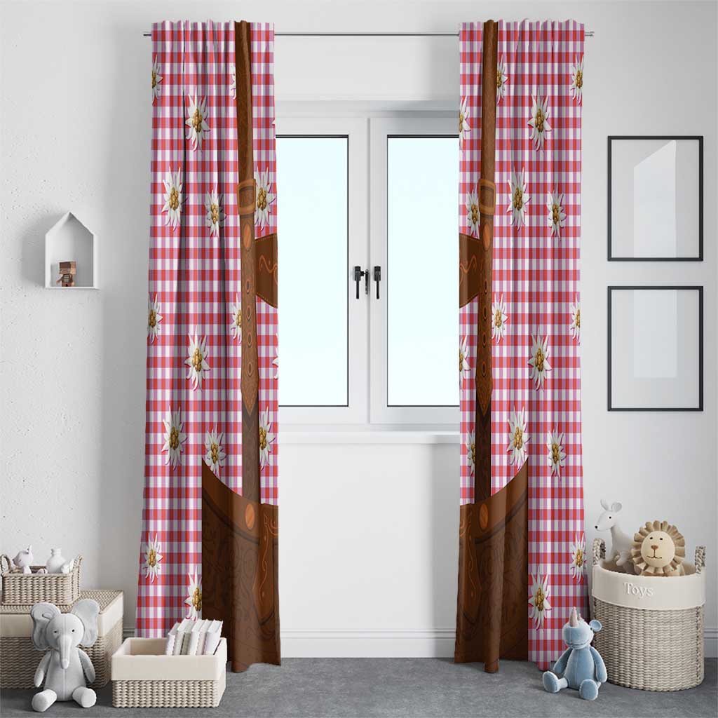 Traditional German Costume - Lederhosen Window Curtain Red Plaid Pattern with Edelweiss Flowers - Wonder Print Shop
