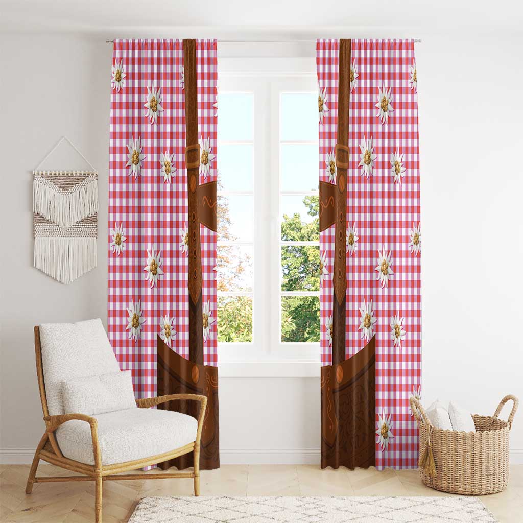 Traditional German Costume - Lederhosen Window Curtain Red Plaid Pattern with Edelweiss Flowers - Wonder Print Shop