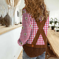 Traditional German Costume - Lederhosen Women Casual Shirt Red Plaid Pattern with Edelweiss Flowers - Wonder Print Shop