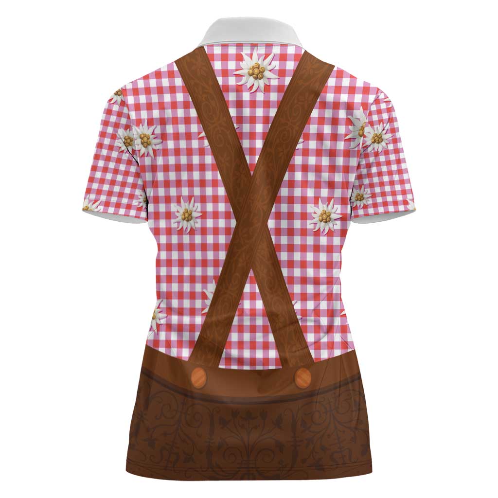 Traditional German Costume - Lederhosen Women Polo Shirt Red Plaid Pattern with Edelweiss Flowers - Wonder Print Shop