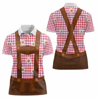 Traditional German Costume - Lederhosen Women Polo Shirt Red Plaid Pattern with Edelweiss Flowers - Wonder Print Shop