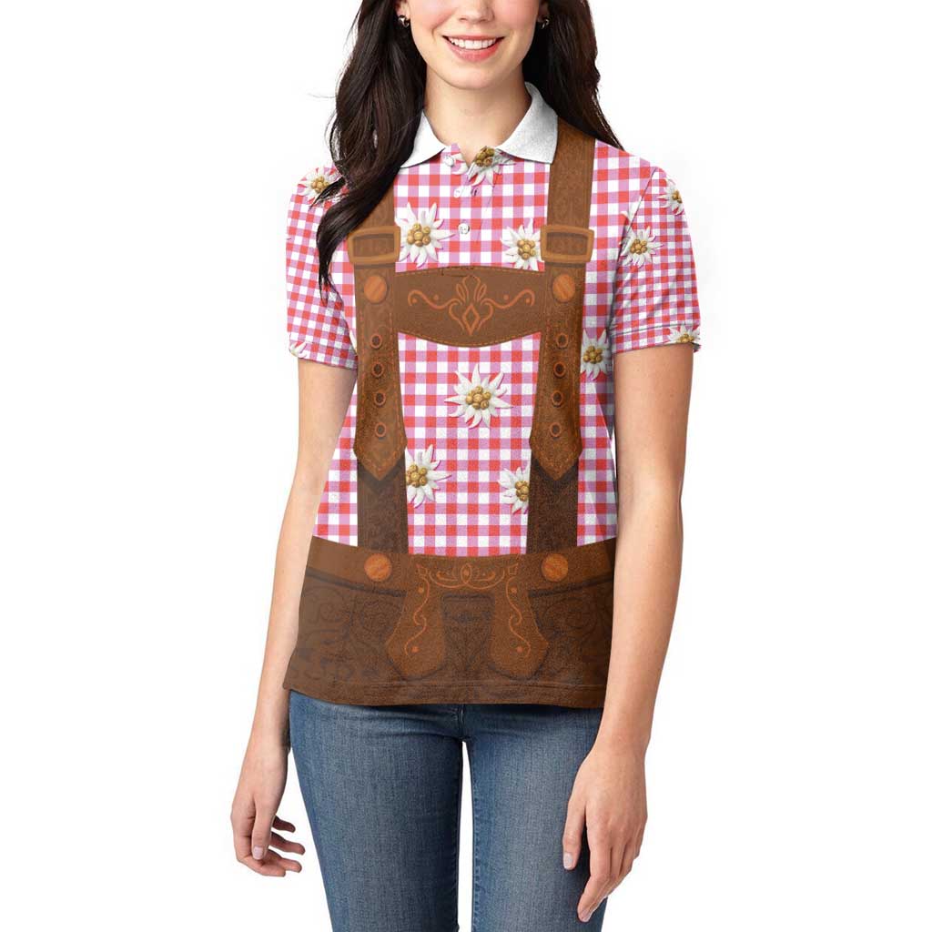 Traditional German Costume - Lederhosen Women Polo Shirt Red Plaid Pattern with Edelweiss Flowers - Wonder Print Shop