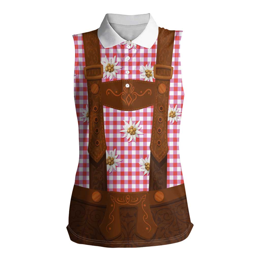 Traditional German Costume - Lederhosen Women Sleeveless Polo Shirt Red Plaid Pattern with Edelweiss Flowers - Wonder Print Shop
