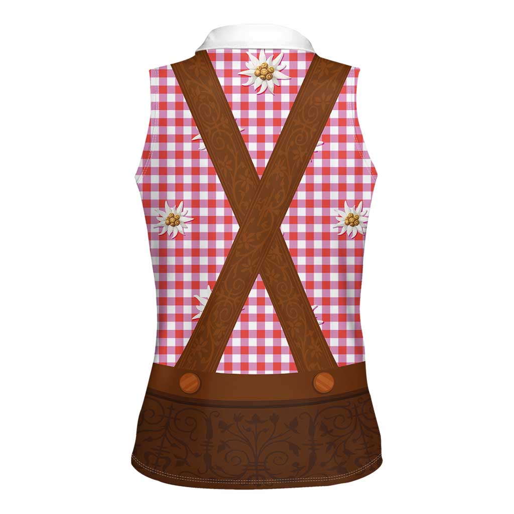 Traditional German Costume - Lederhosen Women Sleeveless Polo Shirt Red Plaid Pattern with Edelweiss Flowers - Wonder Print Shop