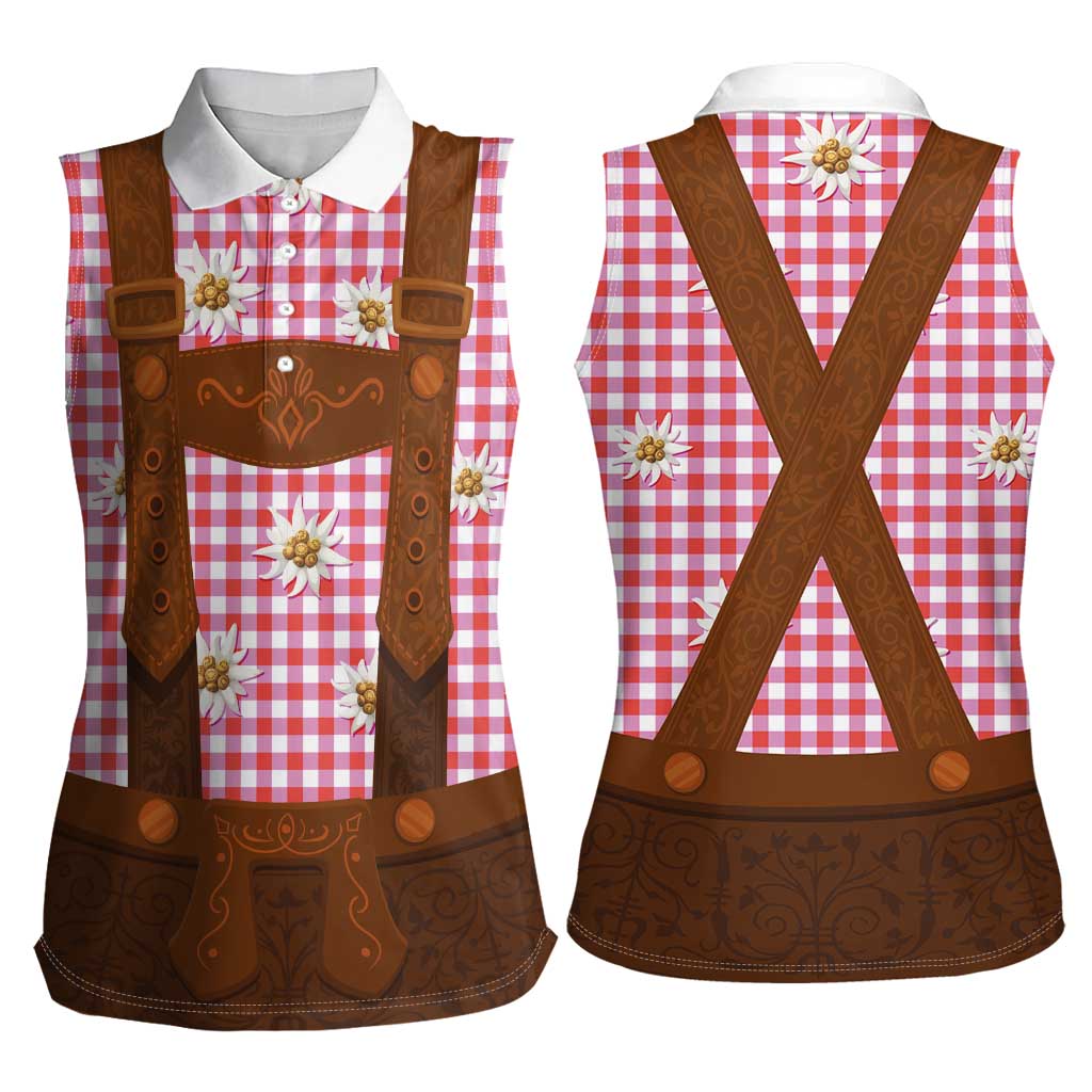 Traditional German Costume - Lederhosen Women Sleeveless Polo Shirt Red Plaid Pattern with Edelweiss Flowers - Wonder Print Shop