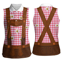 Traditional German Costume - Lederhosen Women Sleeveless Polo Shirt Red Plaid Pattern with Edelweiss Flowers - Wonder Print Shop
