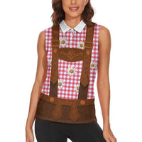 Traditional German Costume - Lederhosen Women Sleeveless Polo Shirt Red Plaid Pattern with Edelweiss Flowers - Wonder Print Shop