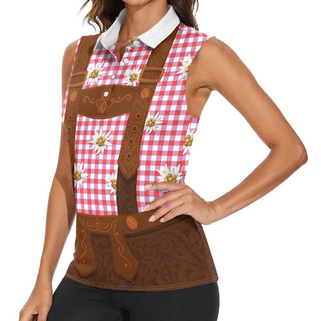 Traditional German Costume - Lederhosen Women Sleeveless Polo Shirt Red Plaid Pattern with Edelweiss Flowers - Wonder Print Shop