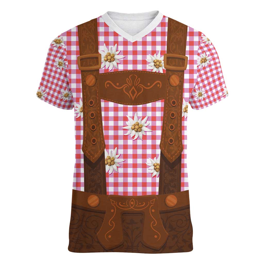 Traditional German Costume - Lederhosen Women V-Neck T-Shirt Red Plaid Pattern with Edelweiss Flowers - Wonder Print Shop