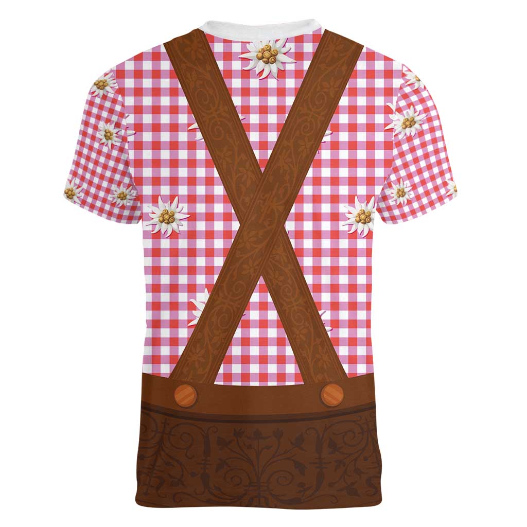 Traditional German Costume - Lederhosen Women V-Neck T-Shirt Red Plaid Pattern with Edelweiss Flowers - Wonder Print Shop