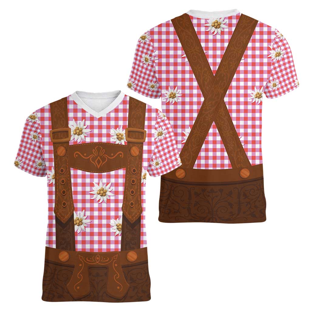 Traditional German Costume - Lederhosen Women V-Neck T-Shirt Red Plaid Pattern with Edelweiss Flowers - Wonder Print Shop
