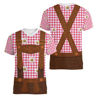 Traditional German Costume - Lederhosen Women V-Neck T-Shirt Red Plaid Pattern with Edelweiss Flowers - Wonder Print Shop