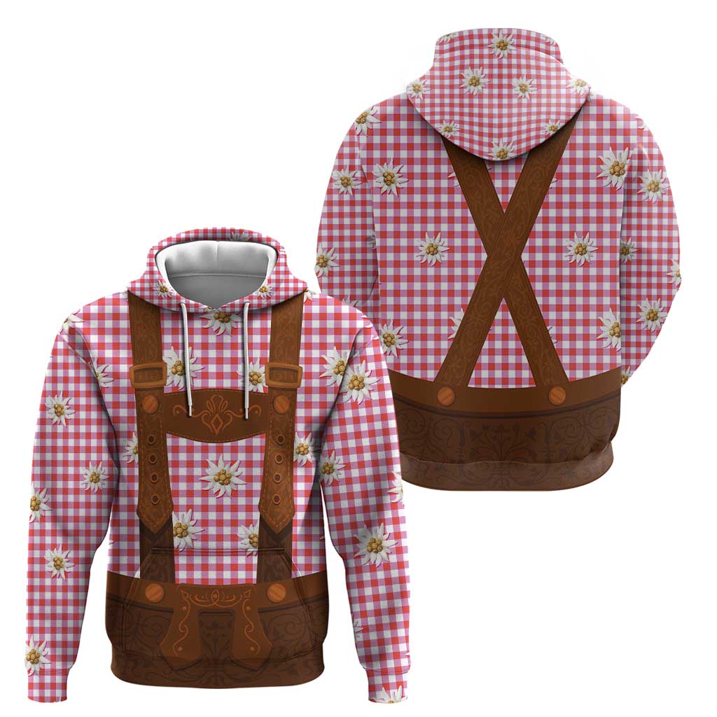 Traditional German Costume - Lederhosen Zip Hoodie Red Plaid Pattern with Edelweiss Flowers - Wonder Print Shop