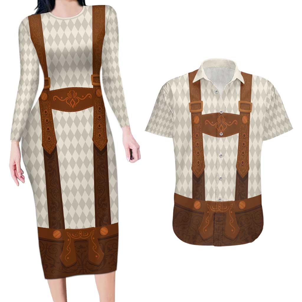 Traditional German Costume - Lederhosen Couples Matching Long Sleeve Bodycon Dress and Hawaiian Shirt Old Vintage Bavarian Pattern