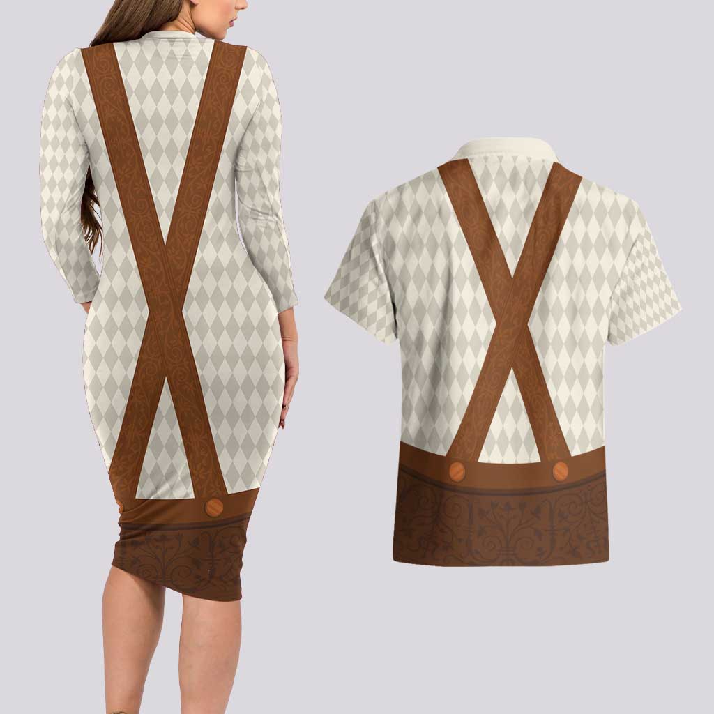 Traditional German Costume - Lederhosen Couples Matching Long Sleeve Bodycon Dress and Hawaiian Shirt Old Vintage Bavarian Pattern