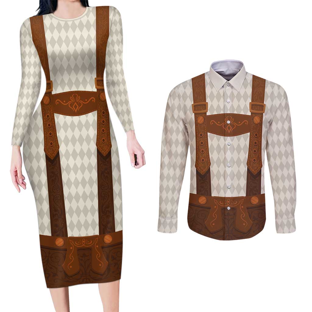 Traditional German Costume - Lederhosen Couples Matching Long Sleeve Bodycon Dress and Long Sleeve Button Shirt Old Vintage Bavarian Pattern
